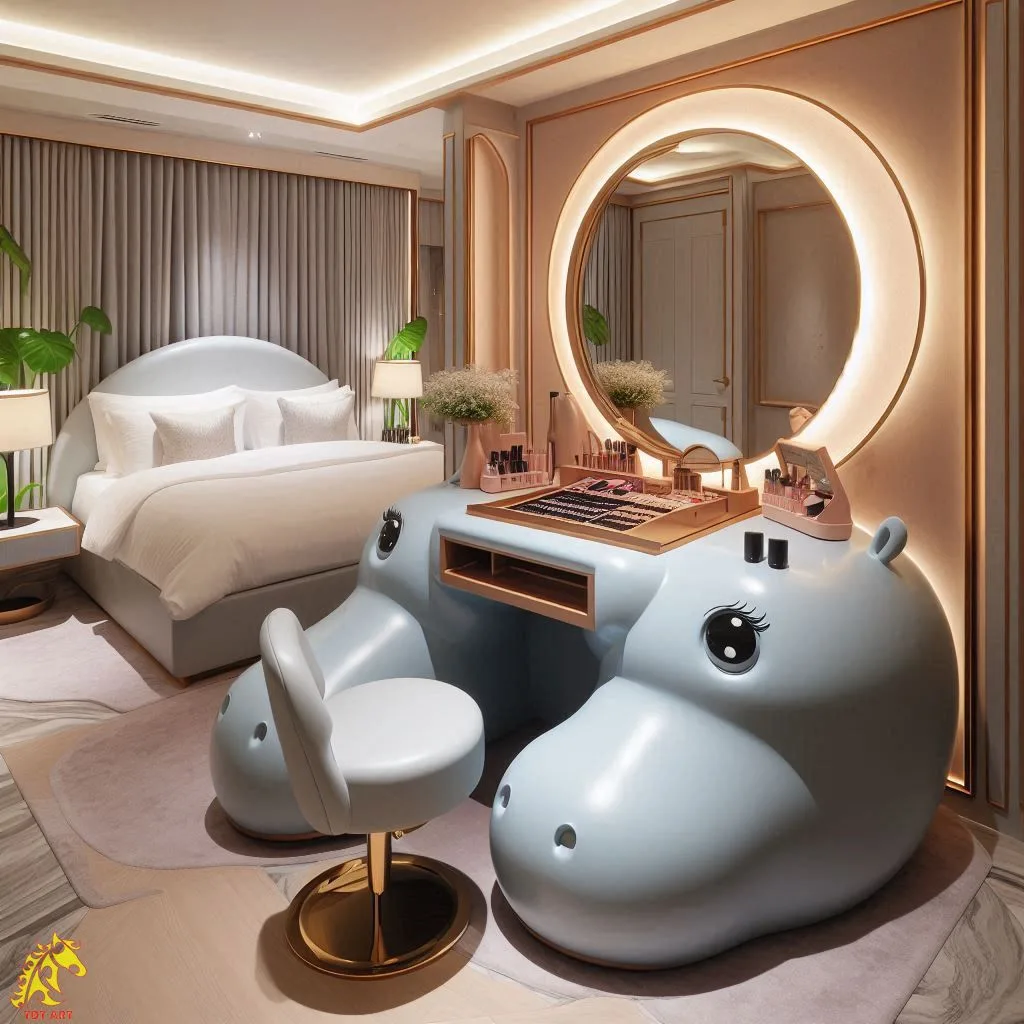 Unique Hippo-Shaped Makeup Table Design: A Fun and Functional Addition to Your Vanity Space